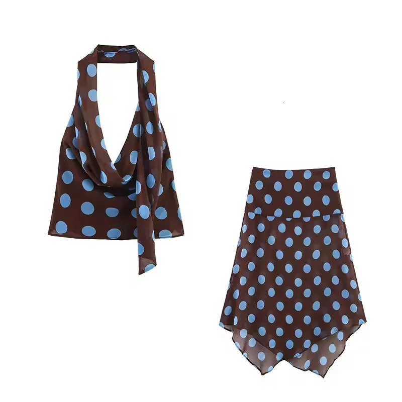 Polka Dot Printed Midi Skirts Two Piece Sets for Women 2025 Summer Chic Scarf Halter Top Suits Beach Woman 2 Piece Outfits 250915
