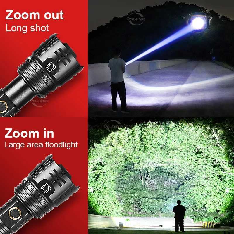 New Super Flashlights Torches Ultra Powerful Flashlight USB Recharge Flash Light 12000MAh LED Flashlight Zoom Tactical Lantern C250915