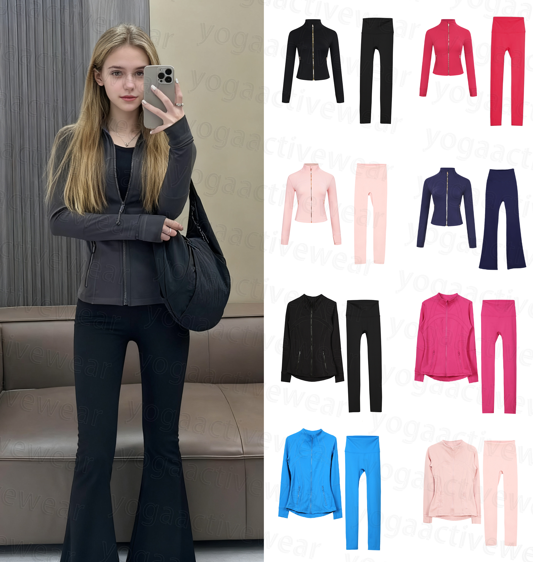 5A Yoga Set Gold Zipper Jacket Women Short Jacket Sportswear Solid Color Athletic Wear Leggings Jacket Pants Collection luluity lemonion Jackets set