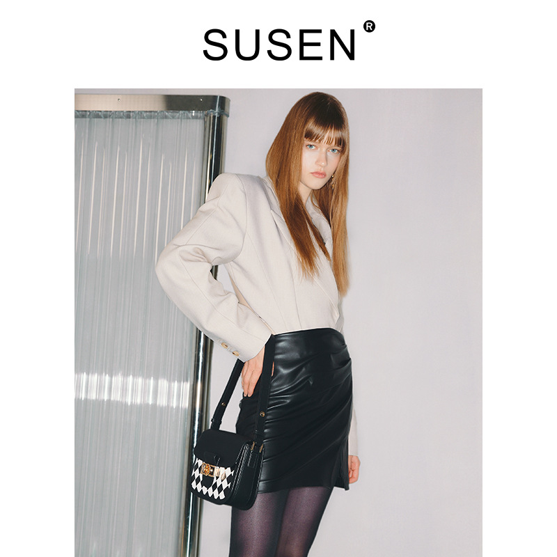 SUSEN checkerboard saddle bag 2025 new crossbody bag women's spring and summer retro niche texture one-shoulder saddle bag