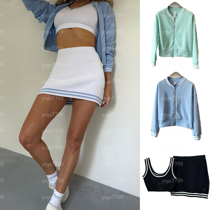 Tennis Sweater Knit Jacket Womes Knit Sports Coat Yoga Dress Tennis Skirt Stripe Color-blocking Spliced Sleeveless Vest Dress Tennis Set Vest and Skirt Two - Piece Set