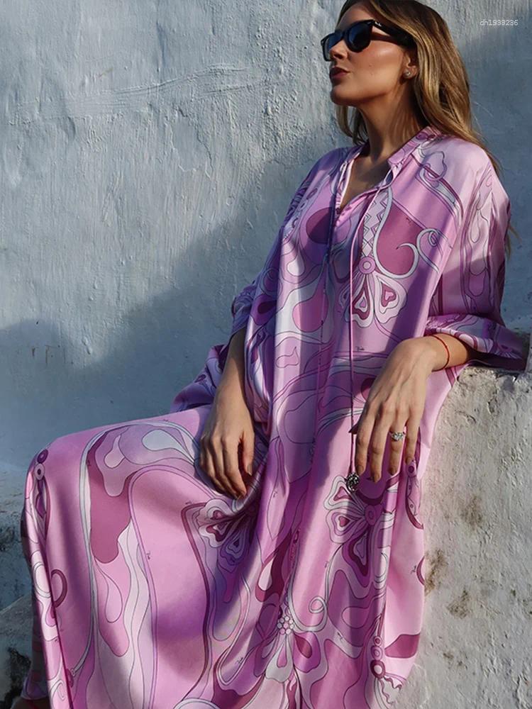 Casual Dresses Oversized Women's Print Kaftan Maxi Dress With Pink Pattern Loose Fit Full Sleeve Long Summer Beach Vacation Outfit Robe