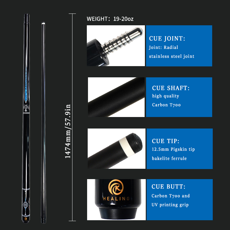 OKHEALING 1/2 Split Carbon Fibre Pool Cue Billiard Cue Stick Tip Diameter 12.5mm Radial Pin / 8 Teeth Joint Total Length 1474mm/58inch Weight 19Oz Bil