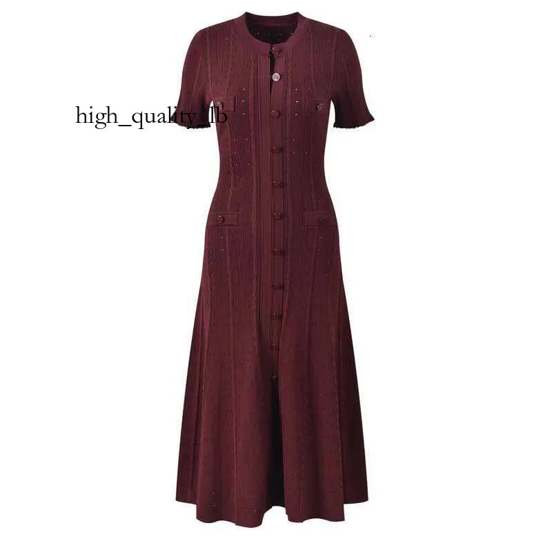 Sandro Dress Designer Luxury French Style Socialite Short Sleeved Black Fungus Edged Hollow Thread Single Breasted Knitted Dress Slim Fit Long Skirt 05D