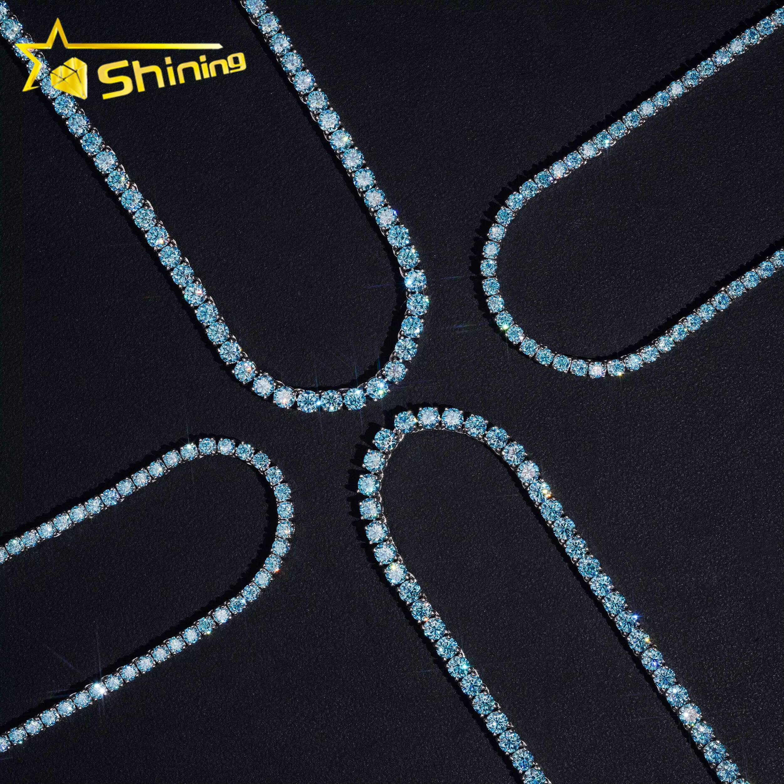 New Stocks 4mm Factory Wholesale Price Solid S925 Rhodium Plated Hip Hop Necklace Blue Color Moissanite Diamond Tennis Chain