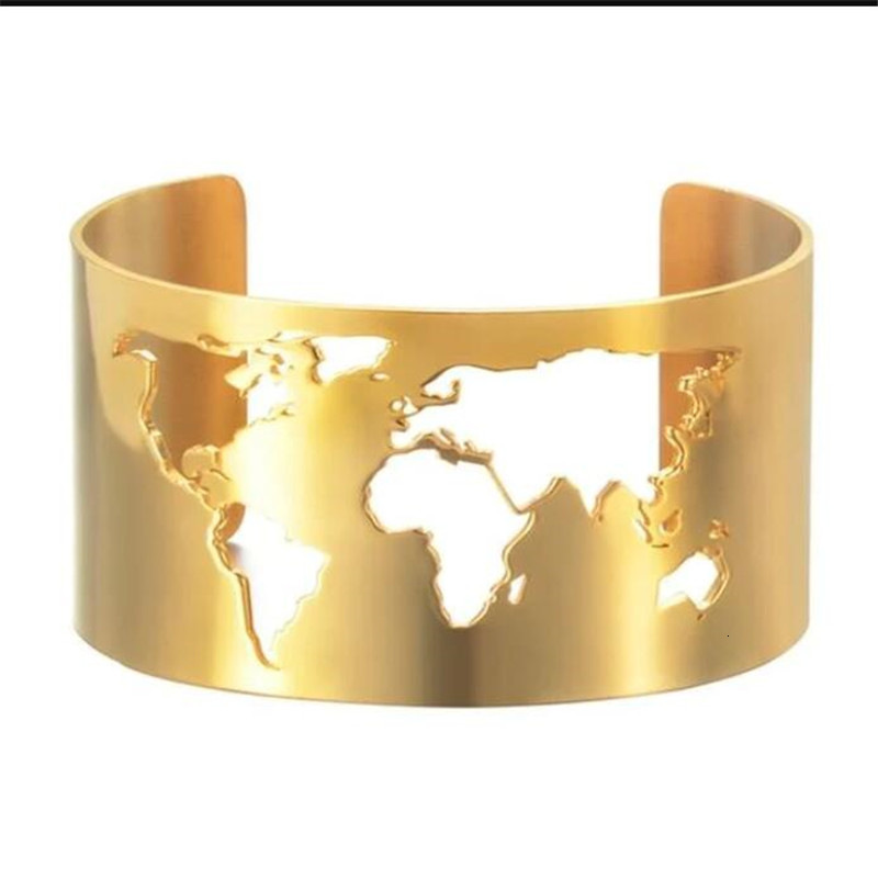 World Map Cut-out Cuff Bangle Bracelet Travel Peace Jewelry Stainless Steel 40mm Wide Engraving Fine Polished Circle Angle MX190727