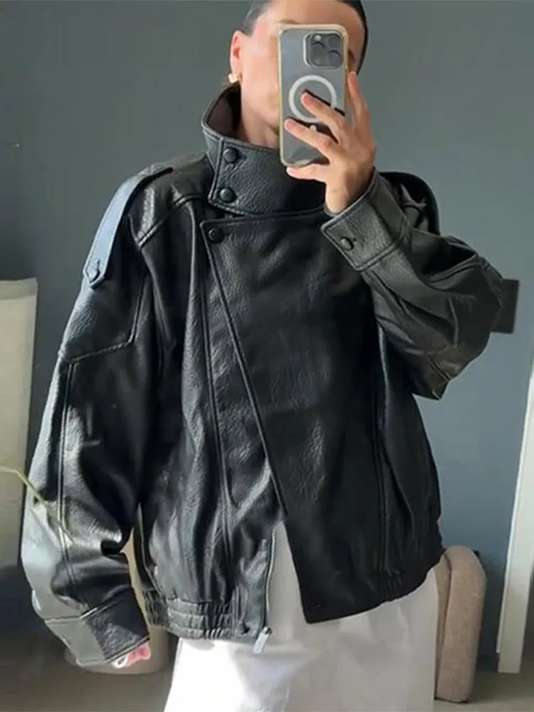 Stand Collar Womens Jacket Full Sleeve Double Button Solid Female Leather Jackets 2025 Autumn Fashion High Street Lady Outwears 250906