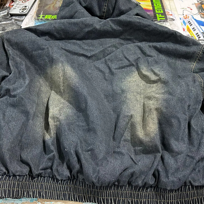 Mens thick denim quilted padded jacket autumn and winter trends oversized fur collar hooded cotton padded jacket 241202