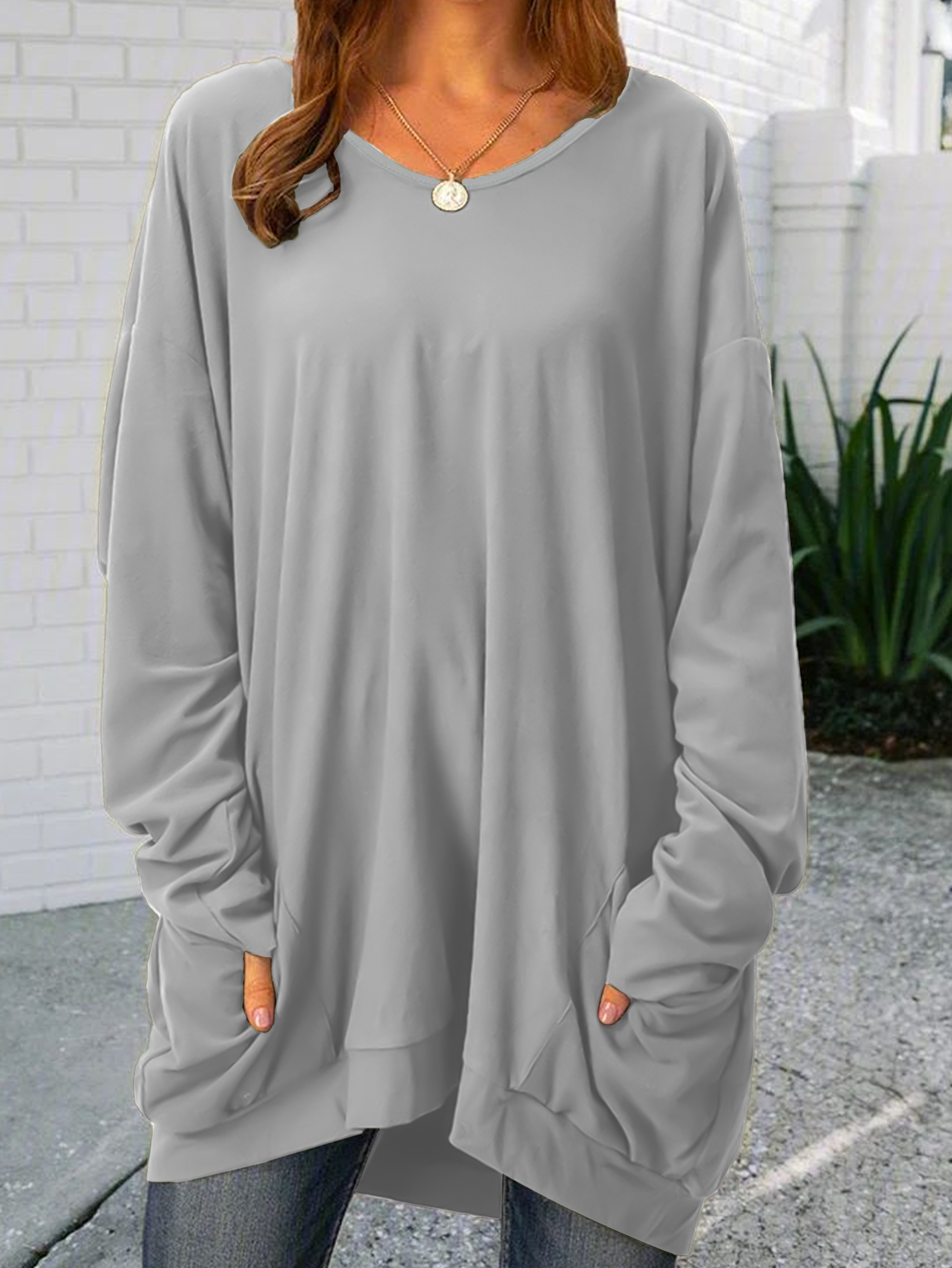 2025 New Plus Size Tunic Dress with Pockets, Loose Fit Long Sleeve Irregular Hem Casual Dress for Women CF23351