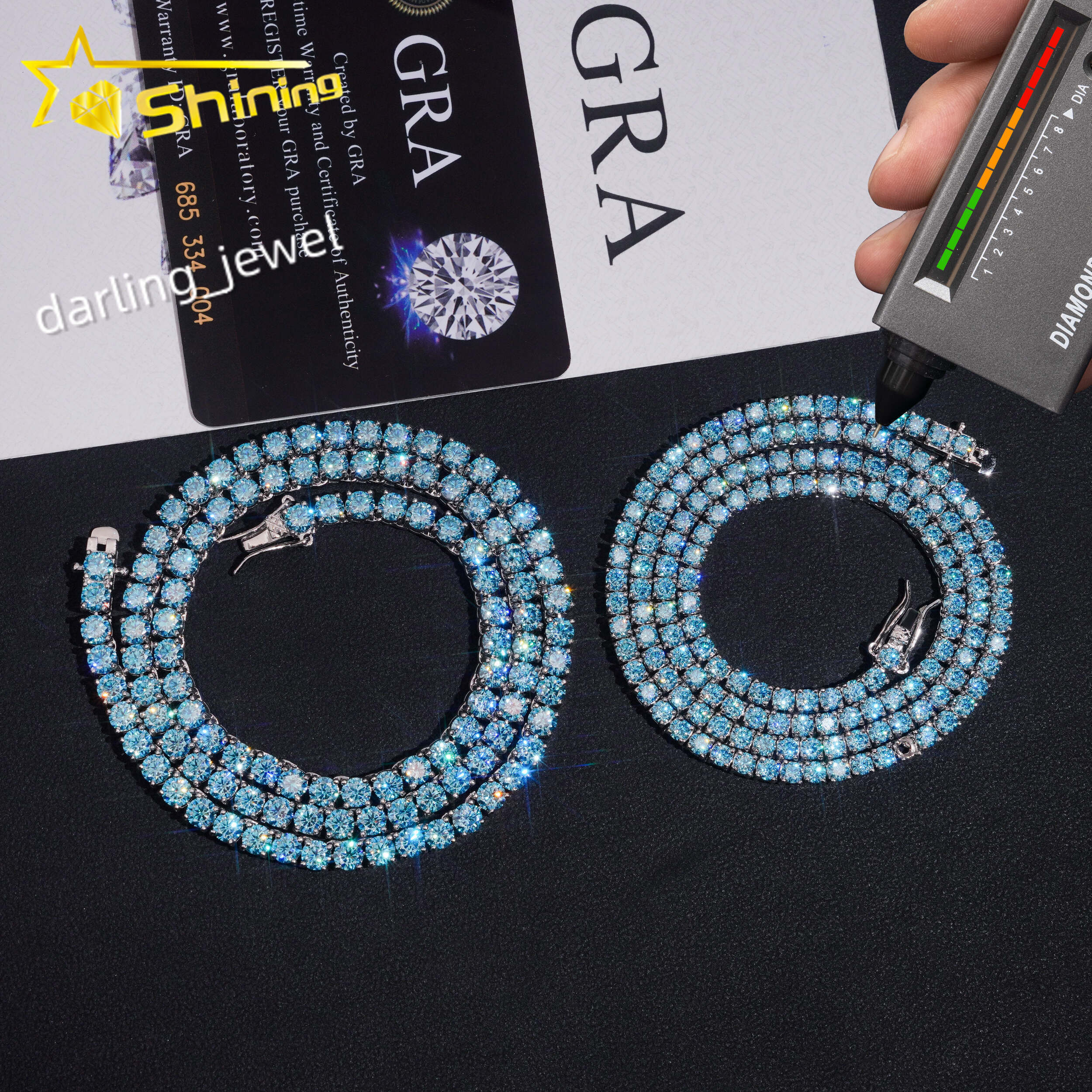New Stocks 4mm Factory Wholesale Price Solid S925 Rhodium Plated Hip Hop Necklace Blue Color Moissanite Diamond Tennis Chain