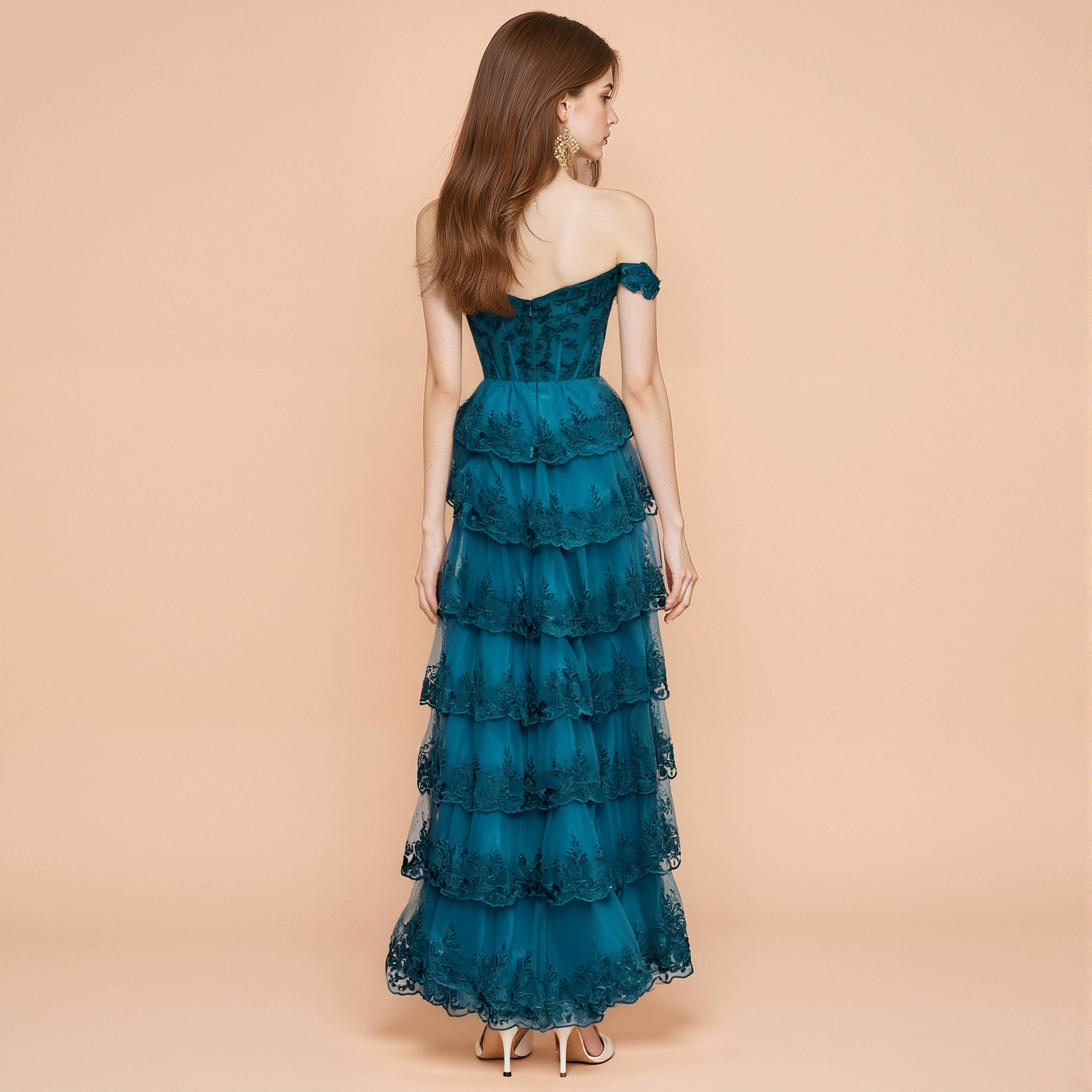 Evening Dresses Gorgeous Off - the - Shoulder Emerald Green Evening Gown with Layered Lace Ruffles and Sequin Embellishments