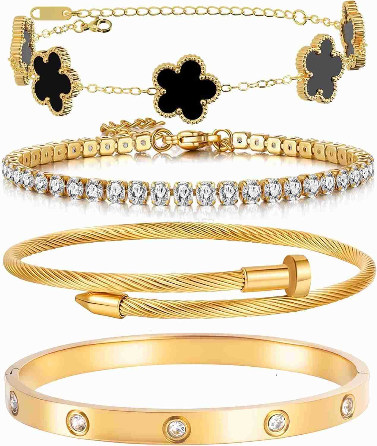 18K Gold Plated Womens Stackable Floral Gold Clover Bracelets Set Love Bangle Bracelets Non Tarnish Gold Bracelet Set Trendy JewelryGifts for Womens D