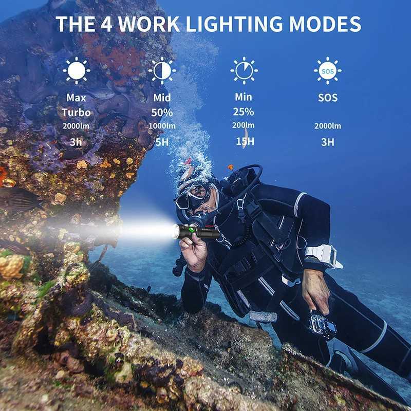 HISWN D260 Professional Scuba Diving Flashlight 2000LM Ultra bright SFT40 LED 21700 rechargeable lamp Intelligent power display C250915