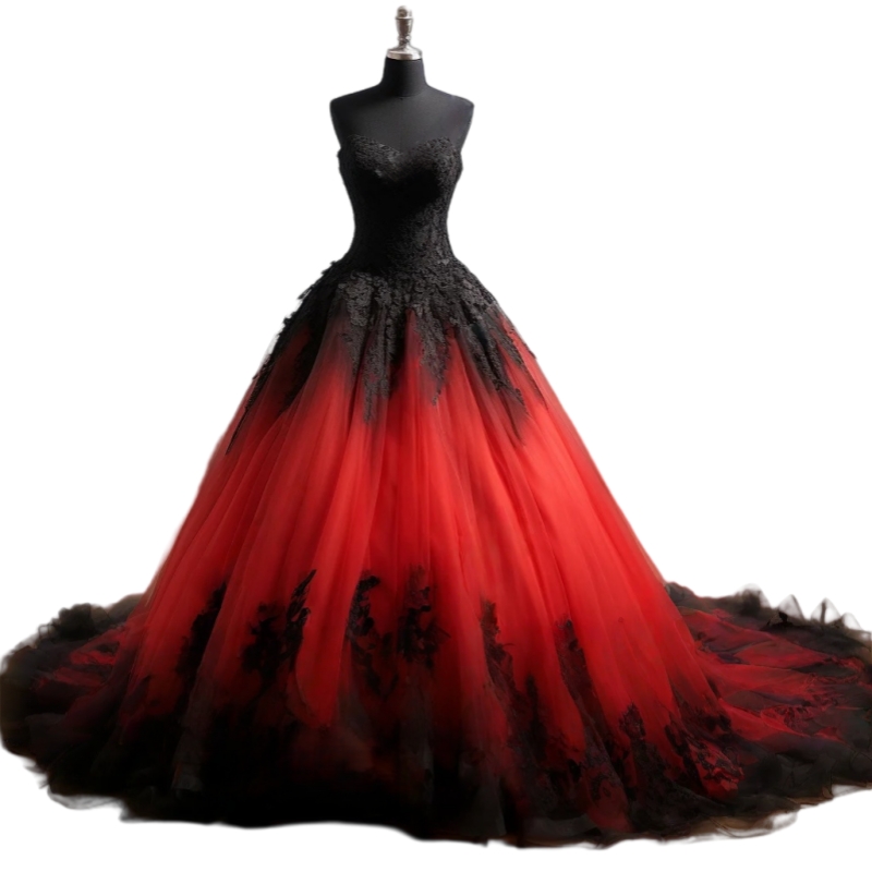 Gothic Black And Red Wedding Dresses A-Line Sweetheart Strapless Long Tulle Bridal Gown Appliques Back Lace-Up Coset Vintage Vestidos De Novia