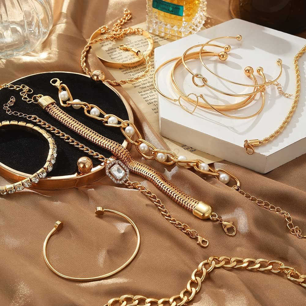 15 Pcs 14K Plated Gold Bracelets Set for Women Multiple Layered Stackable Open Cuff Bangle Adjustable Cuban Link Chain Tennis Bracelet Pack Dainty Cla