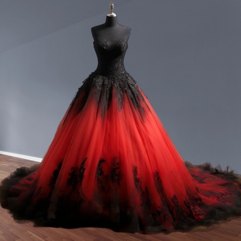 Gothic Black And Red Wedding Dresses A-Line Sweetheart Strapless Long Tulle Bridal Gown Appliques Back Lace-Up Coset Vintage Vestidos De Novia