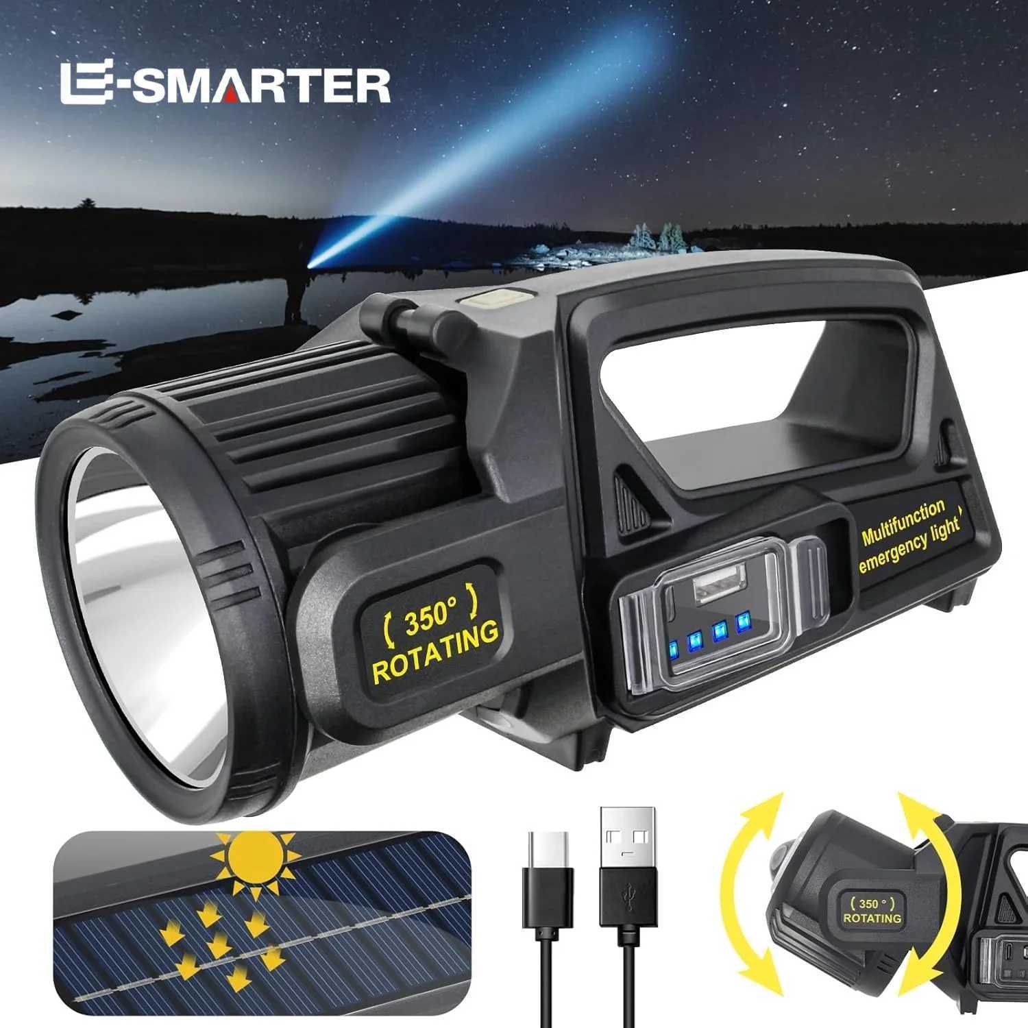 350000 Lumens Spotlight Rechargeable Led Spot light Flashlight 9 Modes Super Bright Outdoor Waterproof Solar Flashlight C250915