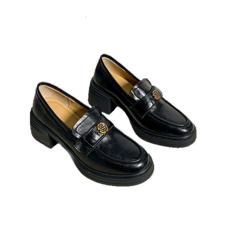 Genuine Designer Shoe British Commuter High Designer Shoe Slip-On Loafers for Women Chunky Heel Camellia Small Leather Shoes