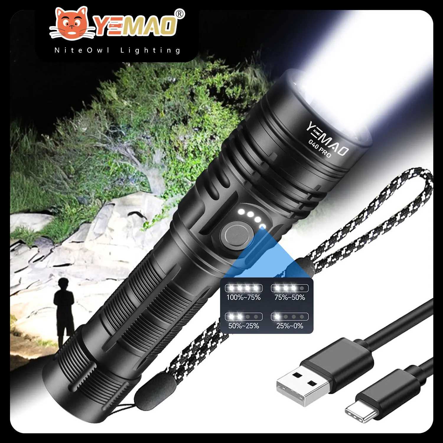 YEMAO G40pro 2000Lumens Tactical Flashlight SST40 LED Flashlights USB Rechargeable Long Range 380 Meters for Emergency Searching C250915