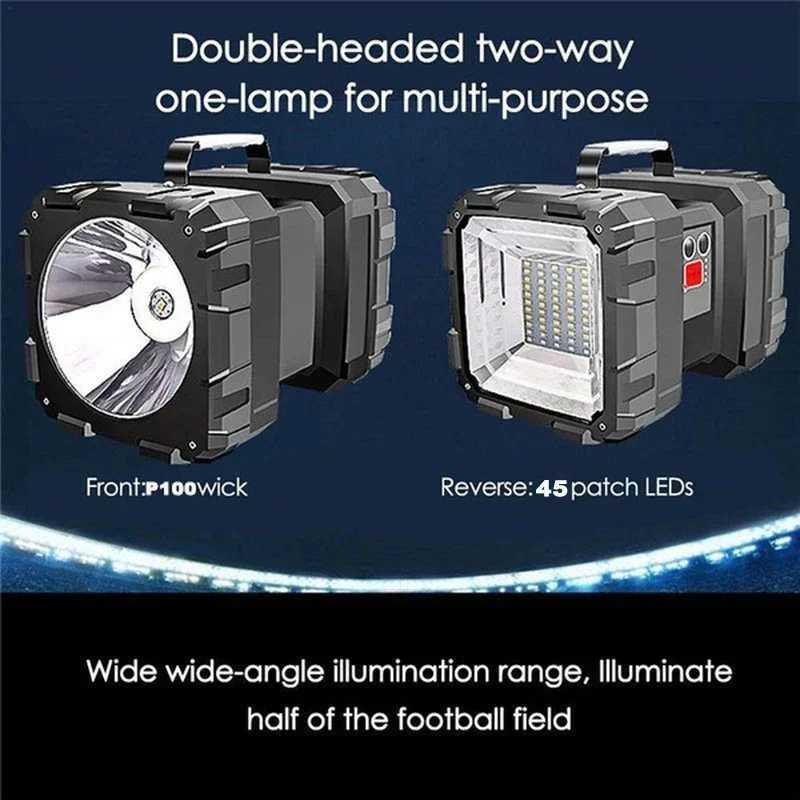 XHP100 Super Bright LED Touch Light Searchlight Double Head Flashlight USB Rechargeable Portable Outdoor Emergency Lights C250915