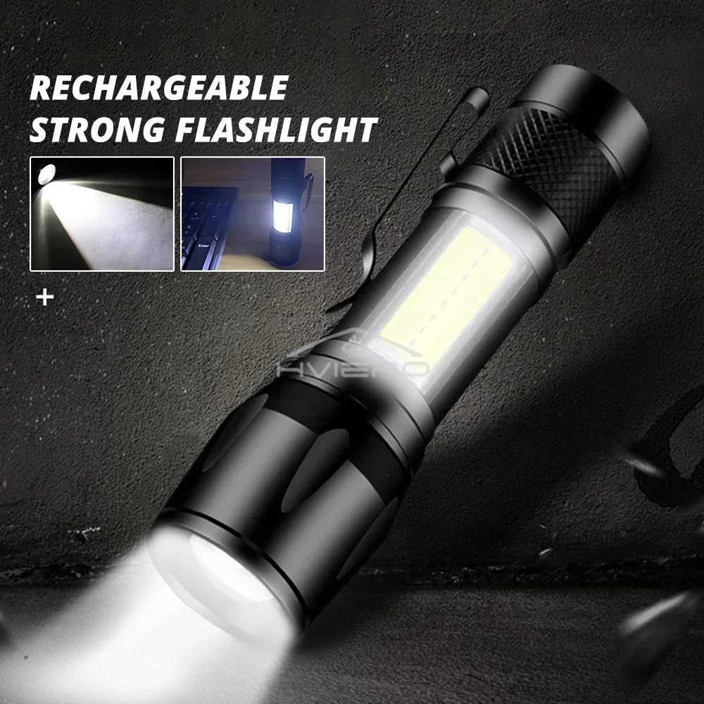 Mini Torch LED Rechargeable Flashlight Portable USB Charging COB Light High Power Bank Camping Waterproof Long Range Lantern C250915