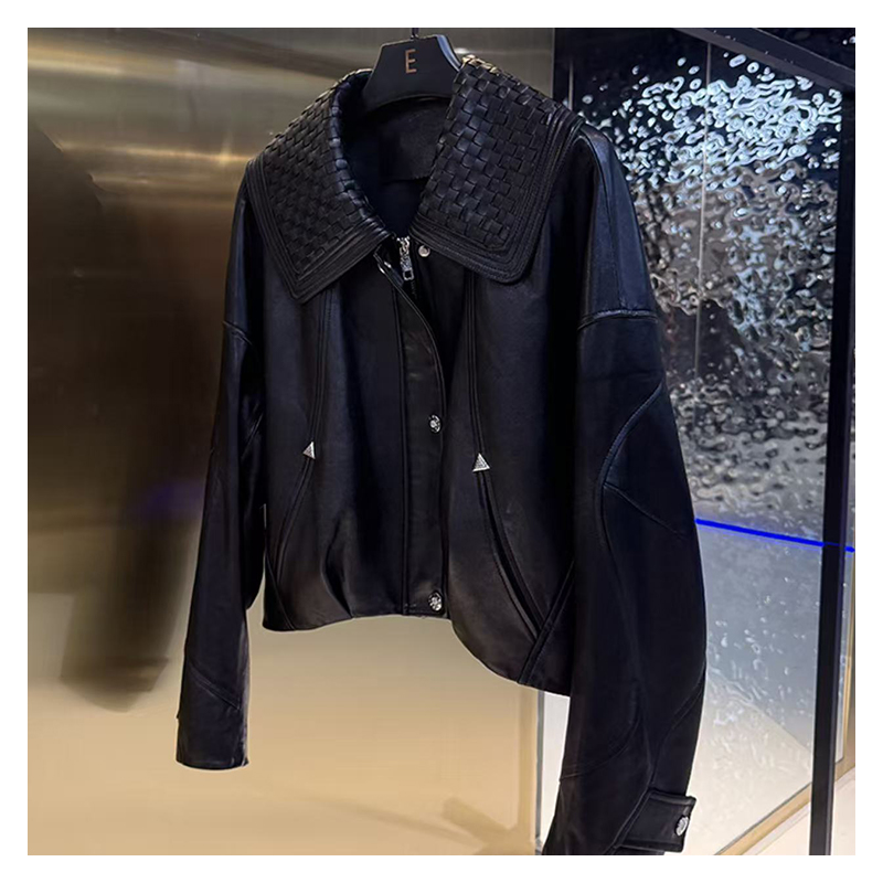 New autumn and winter classic BV style woven leading layer light wax sheepskin old money silhouette leather jacket