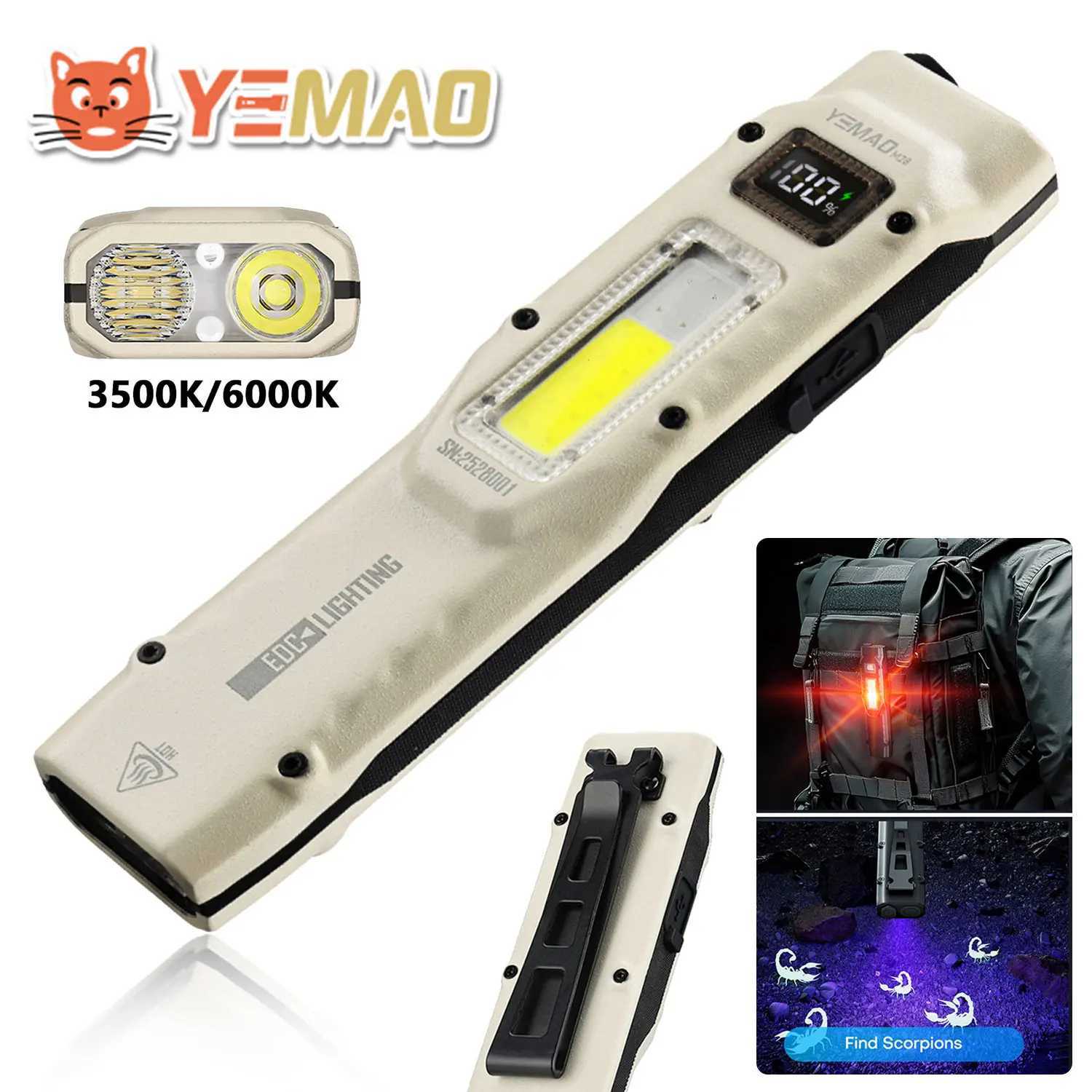 YEMAO M28 Tactical Flashlight 880 Lumens USB Rechargeable LED Flash Light with Spotlight Floodlight Strobe Modes Slim Flat Torch W250915