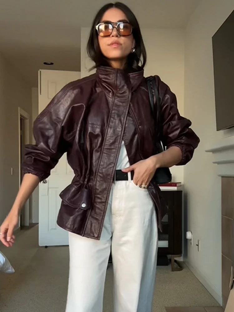 Standup Collar And Cinched Waist Leather Jacket Off Women Cool Pocket Zipper Coats Fashionable Daily High Street Outerwear 250910