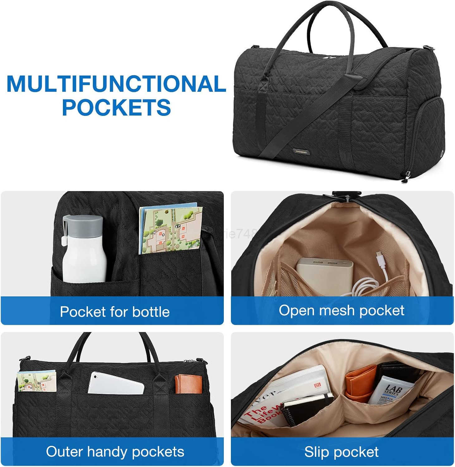 Black 40L Travel Duffle Bag with Shoes Compartment Carry On Weekender Overnight Bag for Men WomenZ250915