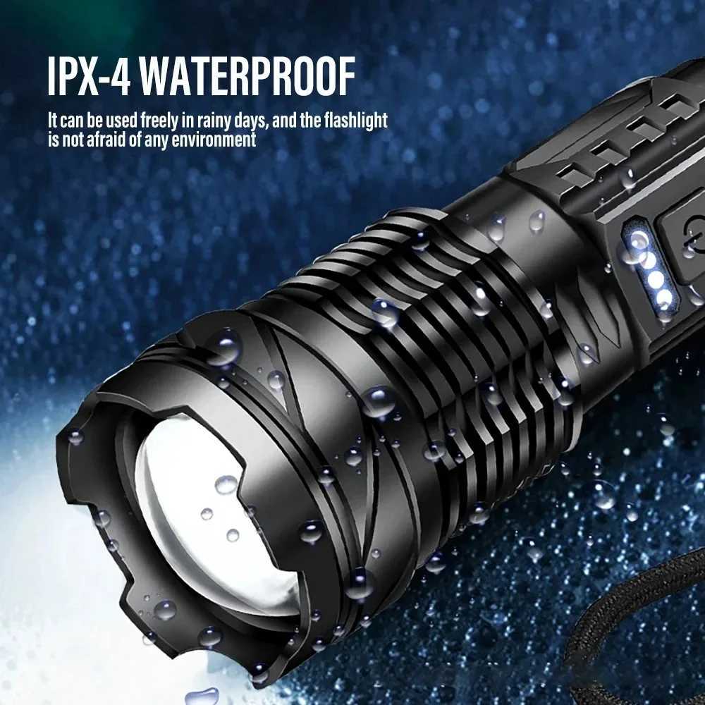 Powerful XHP50 LED Flashlight 18650 Torch Waterproof with Side Light 7 Modes USB Rechargeable Zoom Lamp for Camping Fishing C250915