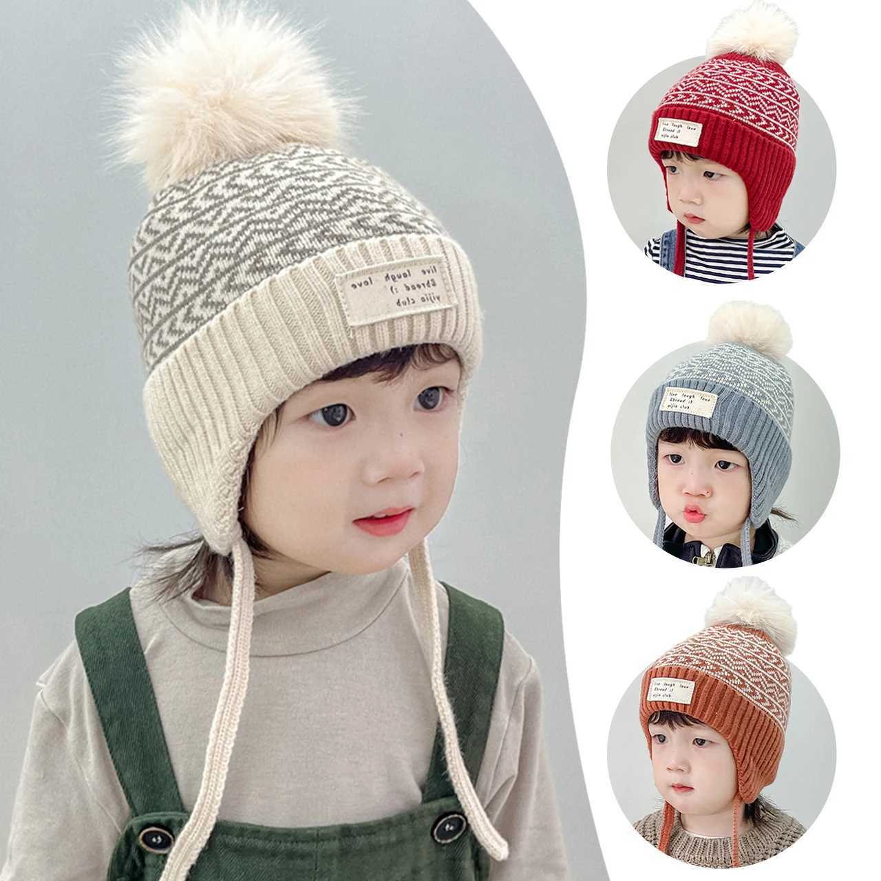 Children Plush Pompom Beanie Winter Warm Kids Ear Protection Cap 26Y Boy Girl Woolen Pullover Cap Fluffy Fur Ball Baby Knit Hat J250915