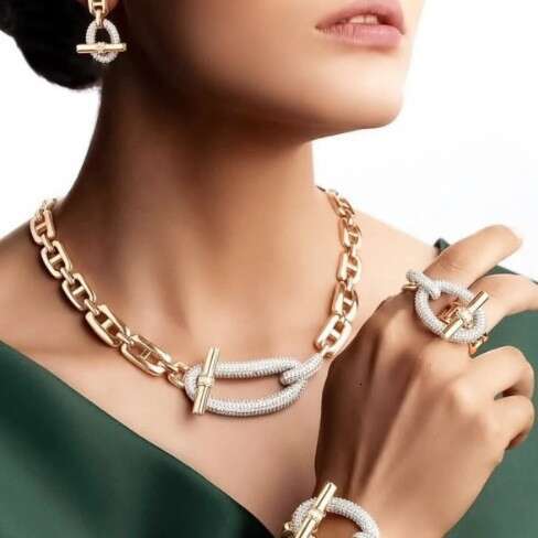 Hot-Selling Gold Tone Luxury Pig Nose Moissanite Chain designer Necklace Ring Bracelet Earring Diamond Premium Copper Inlaid Zircon Jewelry Set party  - view 4