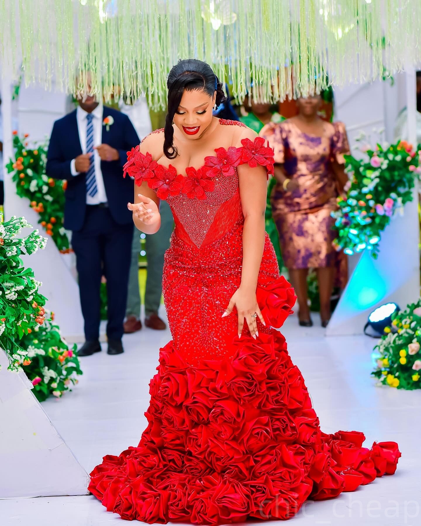 Aso Ebi Red Mermaid Prom Dresses 2025 Flowers Crystals Sheer Neck Evening Formal Party Second Birthday Engagement Gowns Plus Size Dress For Special Oc