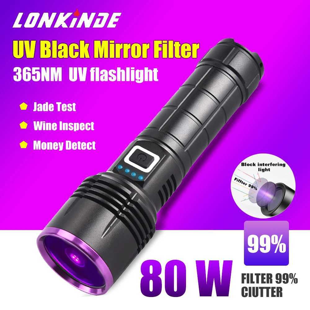 80W 365NM Black Mirror UV Flashlight High Power Typec Rechargeable Portable Waterproof 26650 Uv Torch Linterna Ultravioleta C250915