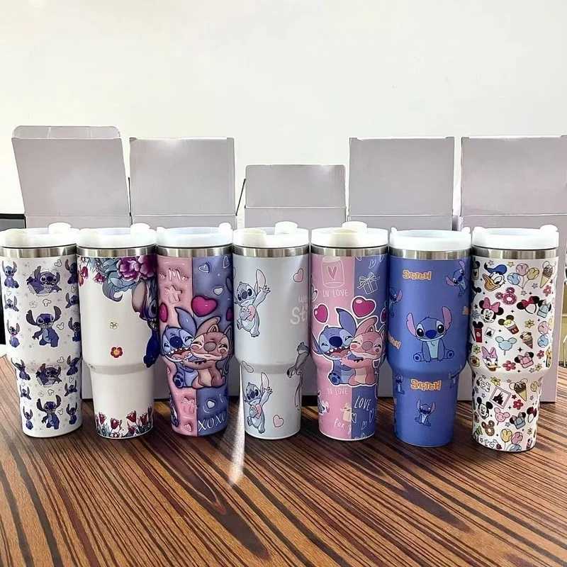 Stitch And Angel Stainless Steel Tumbler Cartoon Comic Thermal Mug With Straws And Lid 40oz Mugs Cup Cold And Hot Water Bottle F250915