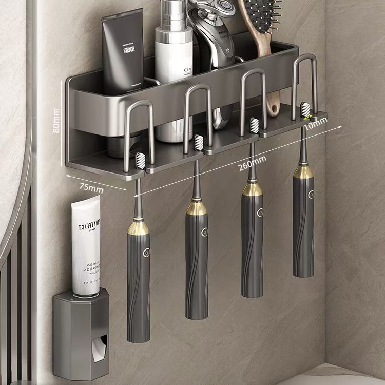 Multi functional toothbrush storage rack no punching gun ash bathroom mouthwash cup toothbrush cup storage wall mounted electric toothbrush rack
