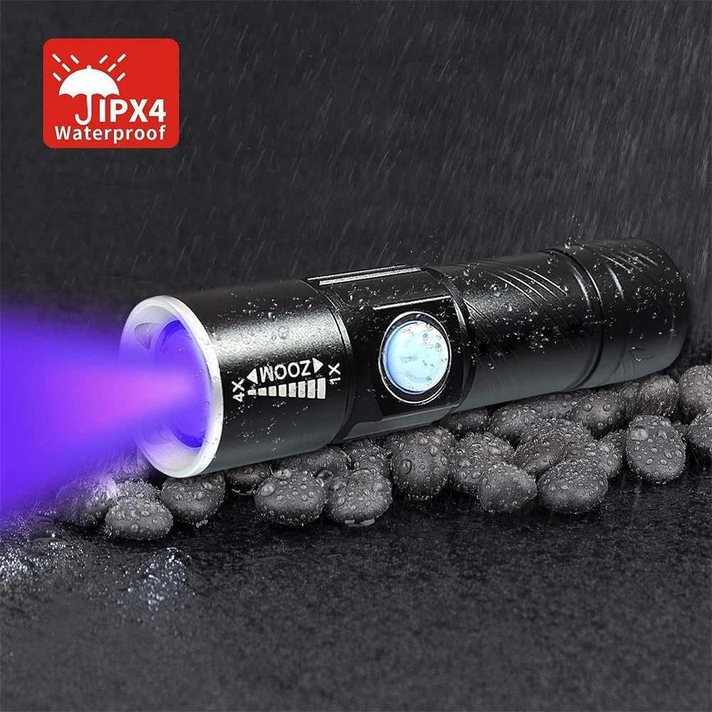 UV Light Rechargeable USB Flashlight 395nm Blacklight Ultraviolet Lamp LED Portable Mini Handheld Torch Dog Urine Stain Detector C250915