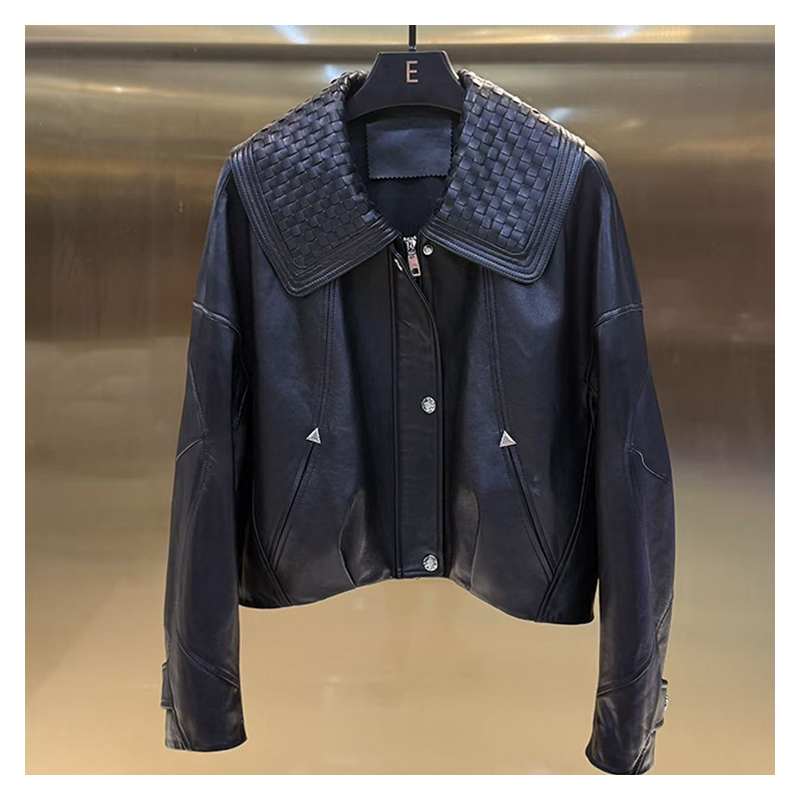 New autumn and winter classic BV style woven leading layer light wax sheepskin old money silhouette leather jacket