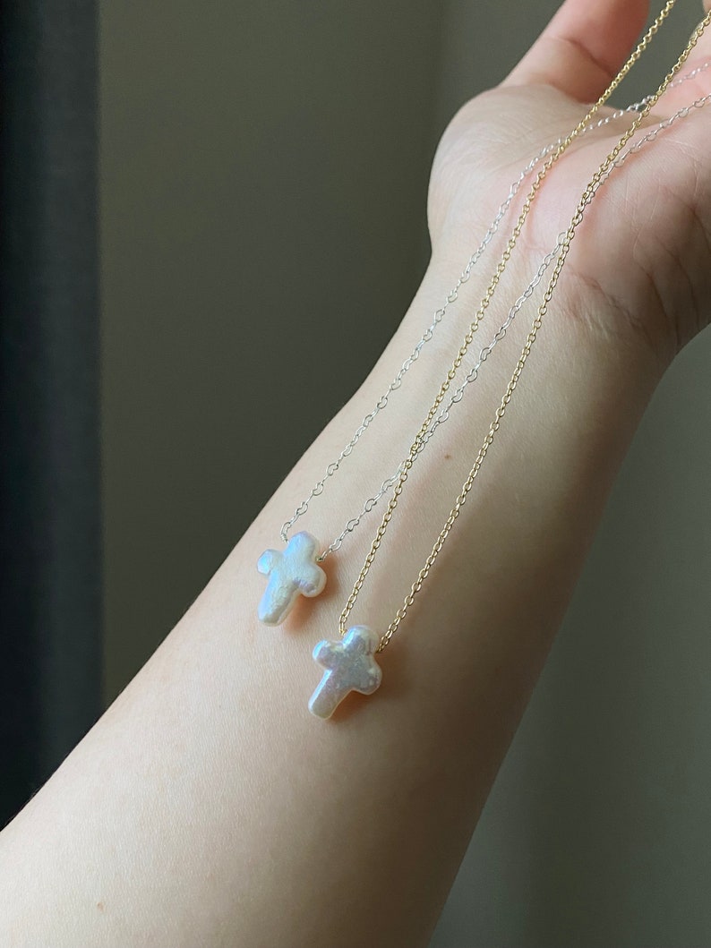 Minimalist White Baroque Cross Pearl Dainty Her Religious Necklace Gift for Shower