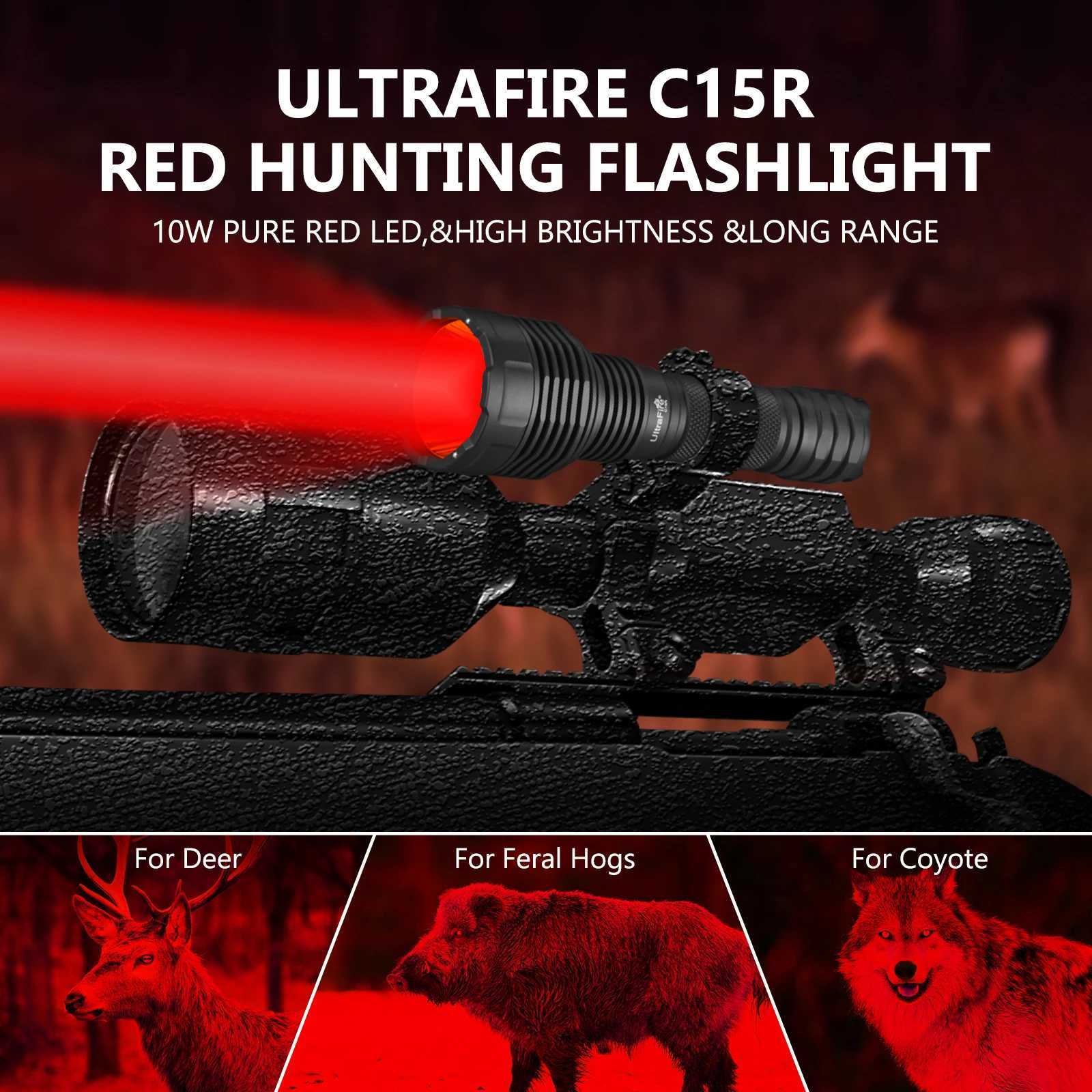 UltraFire C15R Red Light Hunting Flashlight 10W 2 Modes Coyote Light 18650 USB TypeC Rechargeable Predator Varmint Torch Lights C250915