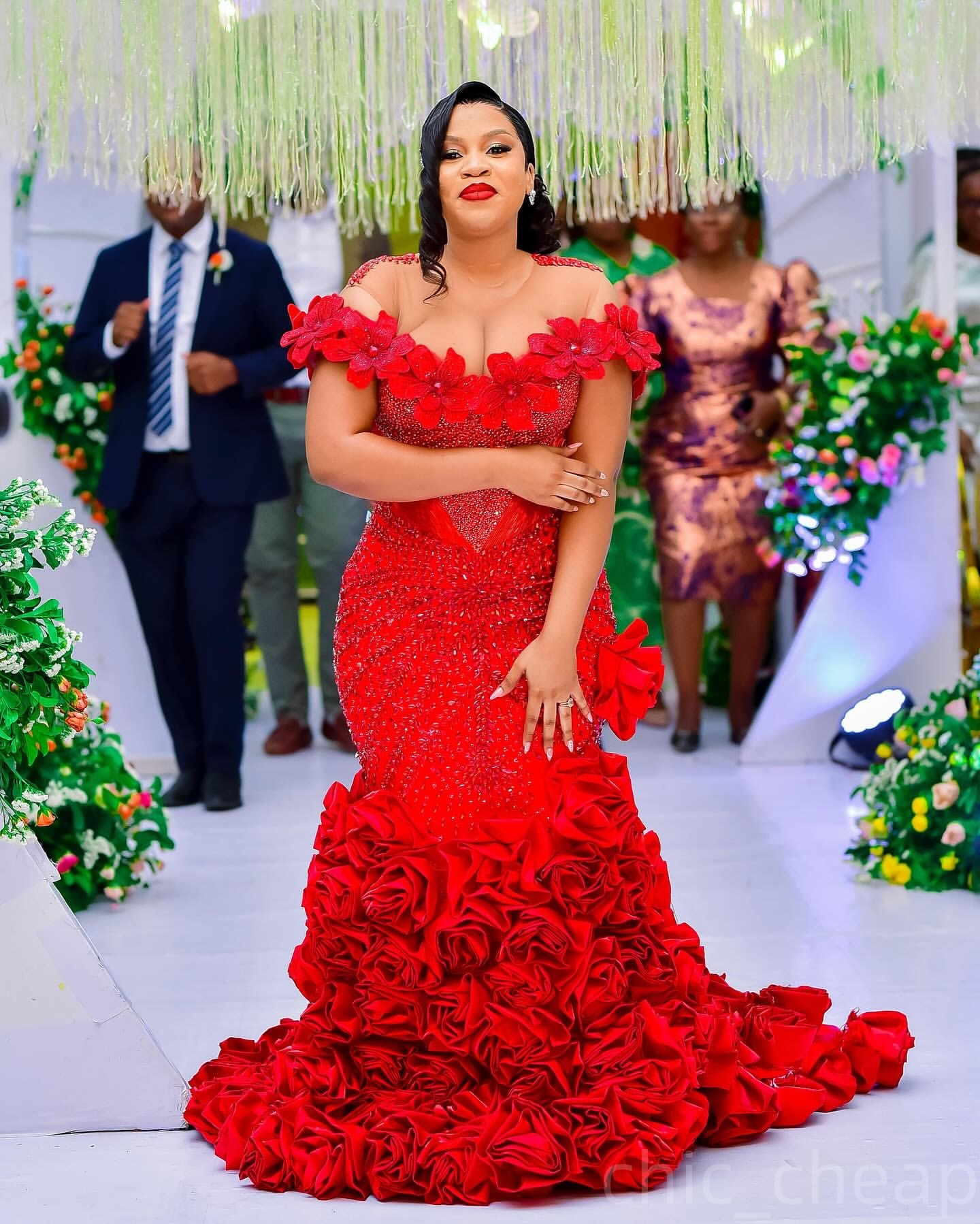 Aso Ebi Red Mermaid Prom Dresses 2025 Flowers Crystals Sheer Neck Evening Formal Party Second Birthday Engagement Gowns Plus Size Dress For Special Oc