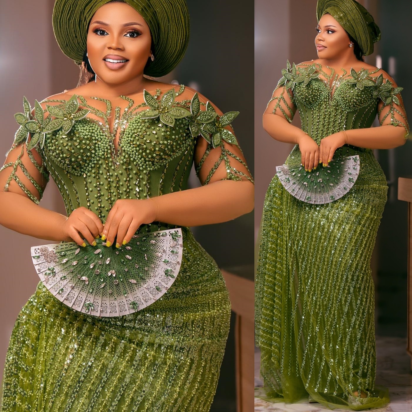 Aso Ebi Olive Green Sheath Prom Dresses 2025 Flowers Beaded Sequined Evening Formal Party Second Birthday Engagement Gowns Plus Size Dress For Special