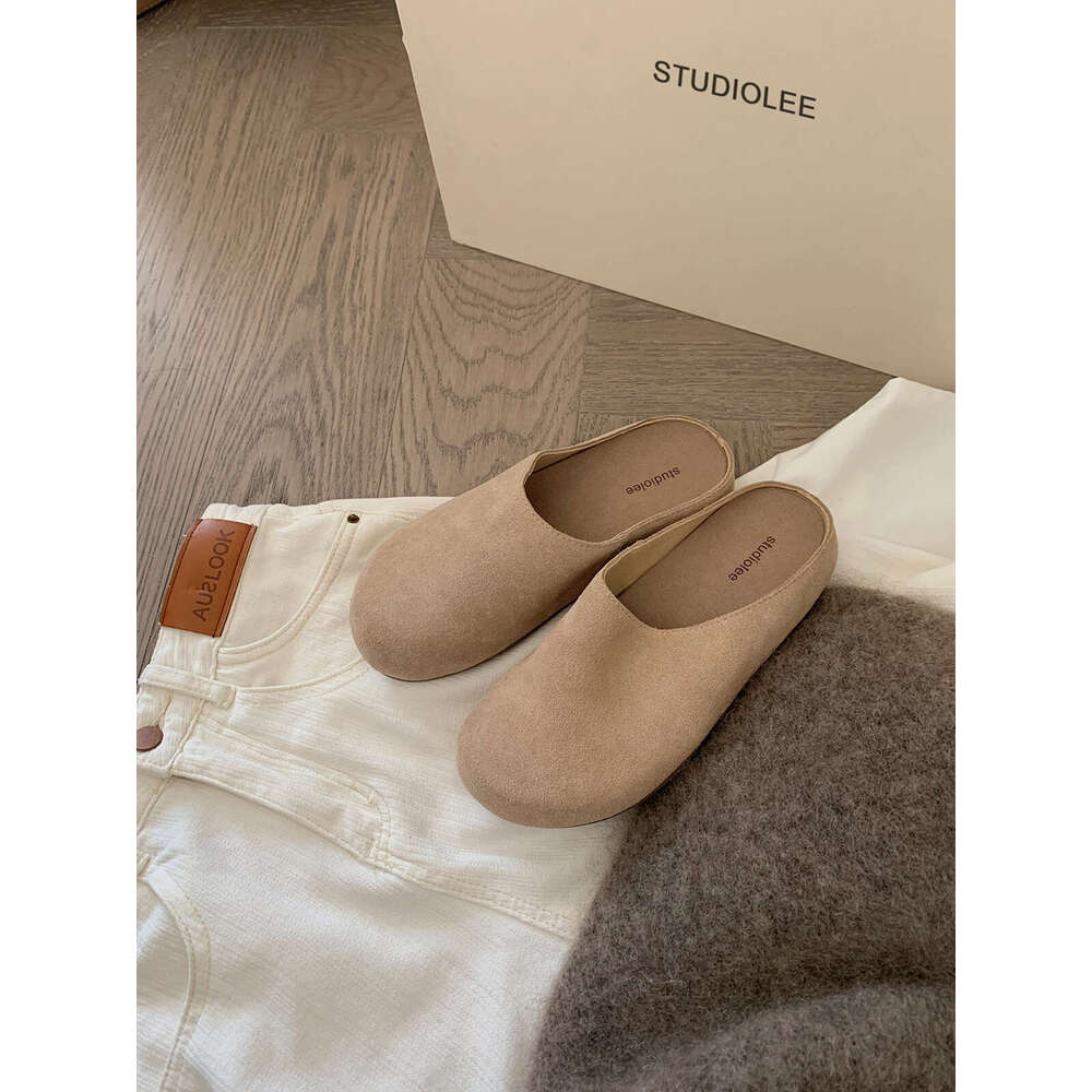 Autumn Lazy Style Simple Half-Wrapped Thick Sole Genuine Leather Slip-On Flat Closed-Toe Slippers