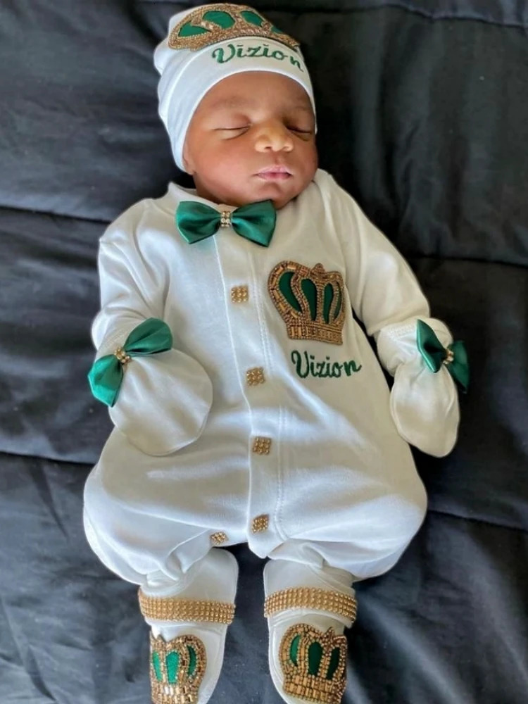 Dollbling Baptism Outfit Boy Prince Bling Christening Coming Home Romper Bonnet Set Mittens Nursery Hospital Clothing set 250915