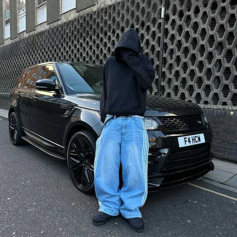 Gothic Men Baggy Jeans Y2K Retro Ten Stripes High Quality Unisex Streetwear Trendy High Street Casual Straight Denim TrousersXJ250915