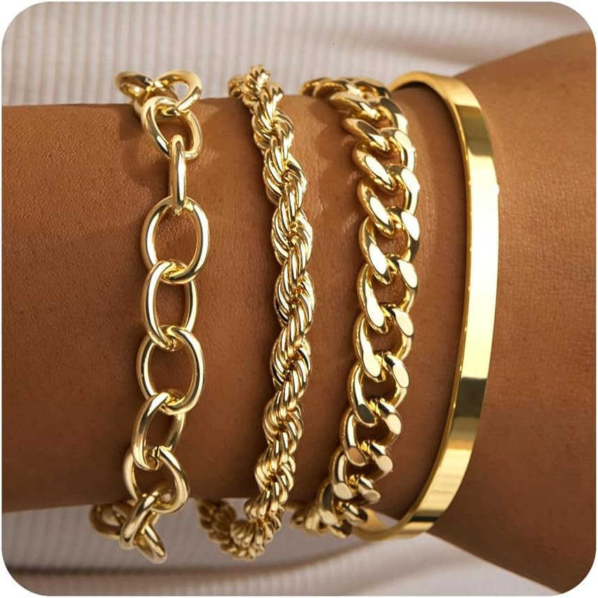 Gold Link Bracelets for Women 14K Real Gold Plated Bangle Cuff Bracelets Set for Women Non Tarnish Dainty Cuban Paperclip Twist Layered Bracelet Stack