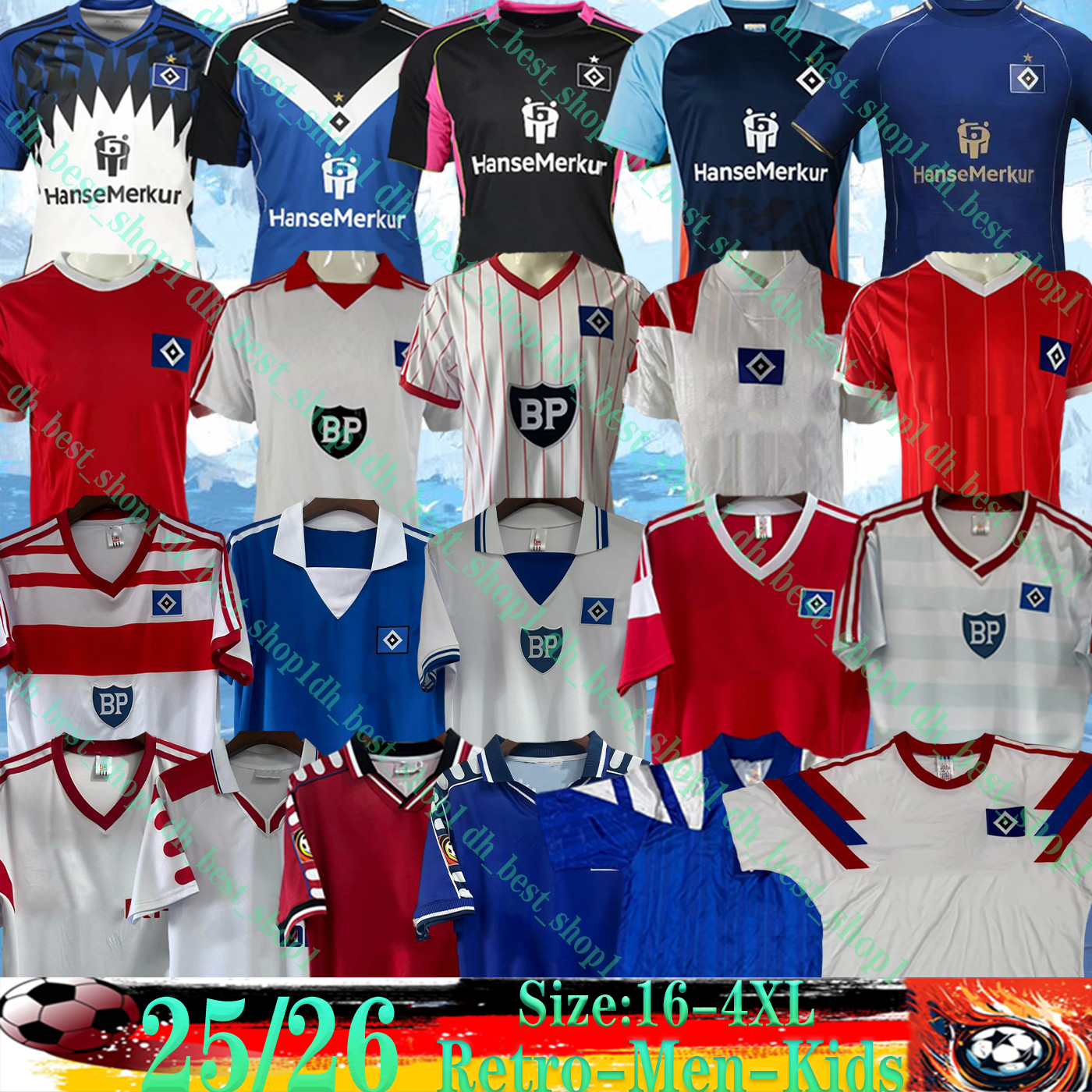 25 26 Hamburger SV Soccer Jerseys Retro 74 75 79 80 82 83 84 86 88 90 91 92 93 00 DOMPE REMBERG GLATZEL HSV JATTA STANGE REMBERG SCHONLAU HSV Home Men football shirts Uniform