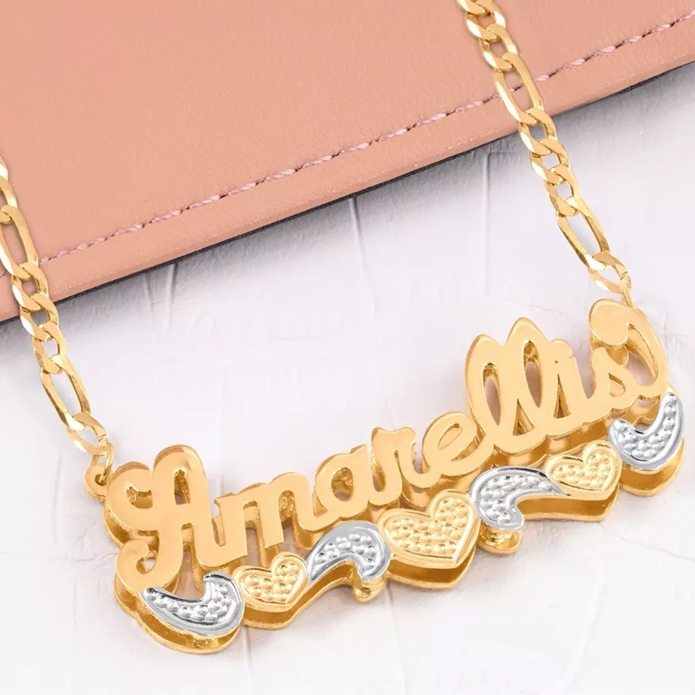 Personalized Necklace Custom Gold Plated Name Teddy Heart XOXO Chain Double Layer Two Tone with 240309