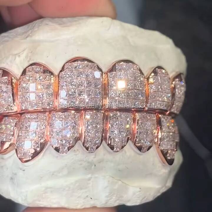 Flawless Princess Cut Invisible Setting Grillz Rose Gold Factory Custom 10 on 10 S925 Silver VVS Moissanite Lab Diamond Grillz
