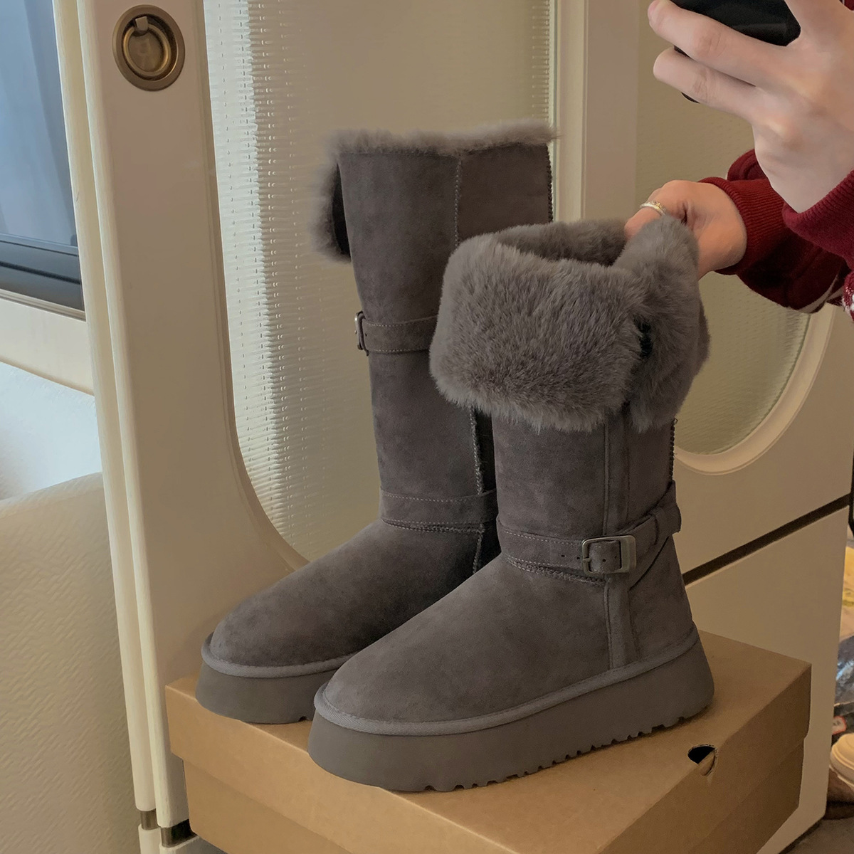 Super Big Fox Fur Snow Boots Real Cowhide Leather Warm Winter Shoes for Women | Black & Brown